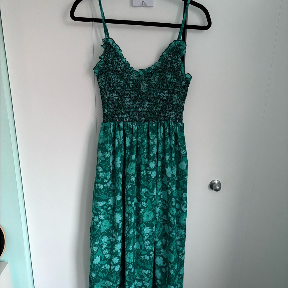 Green Floral Maxi Dress with Smocked Bodice
